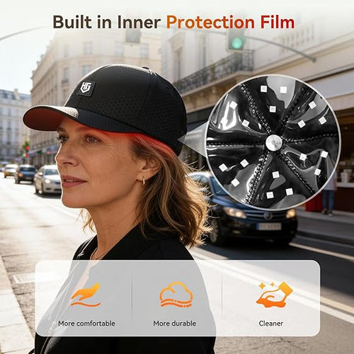 Side view of the JVKOOL cordless LED scalp care cap worn comfortably